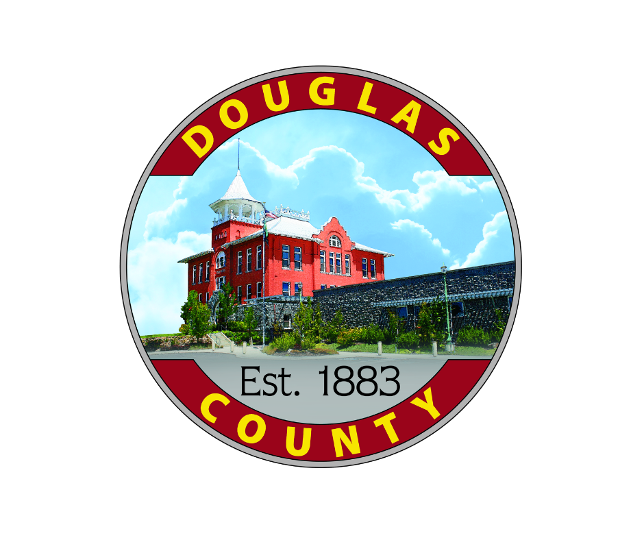 Douglas County Logo Waterville Courthouse with clouds and sky in background 