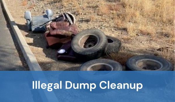 Photo of tires and garbage on the ground with words "Illegal Dump Cleanup"