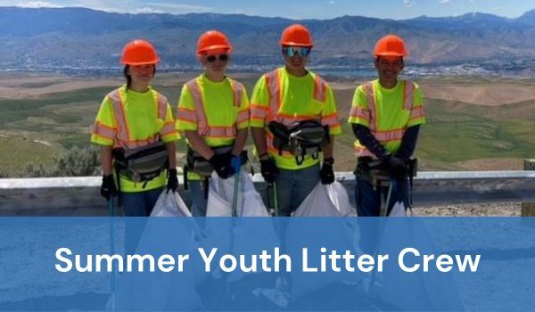 Photo of four teens wearing safety gear with words "Summer Youth Litter Crew"